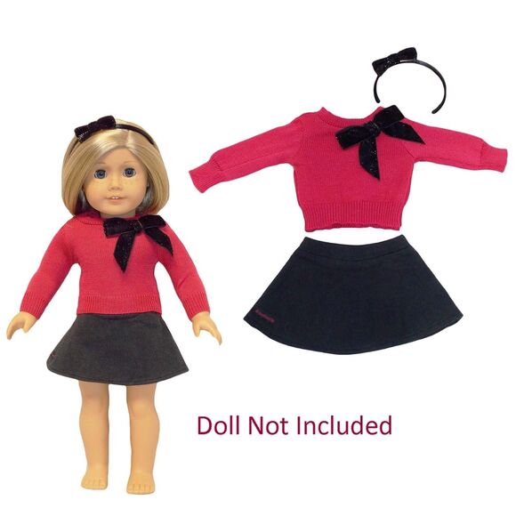 American Girl Doll Clothes SPARKLE BOW Red SWEATER & Black HEADBAND OUTFIT Skirt